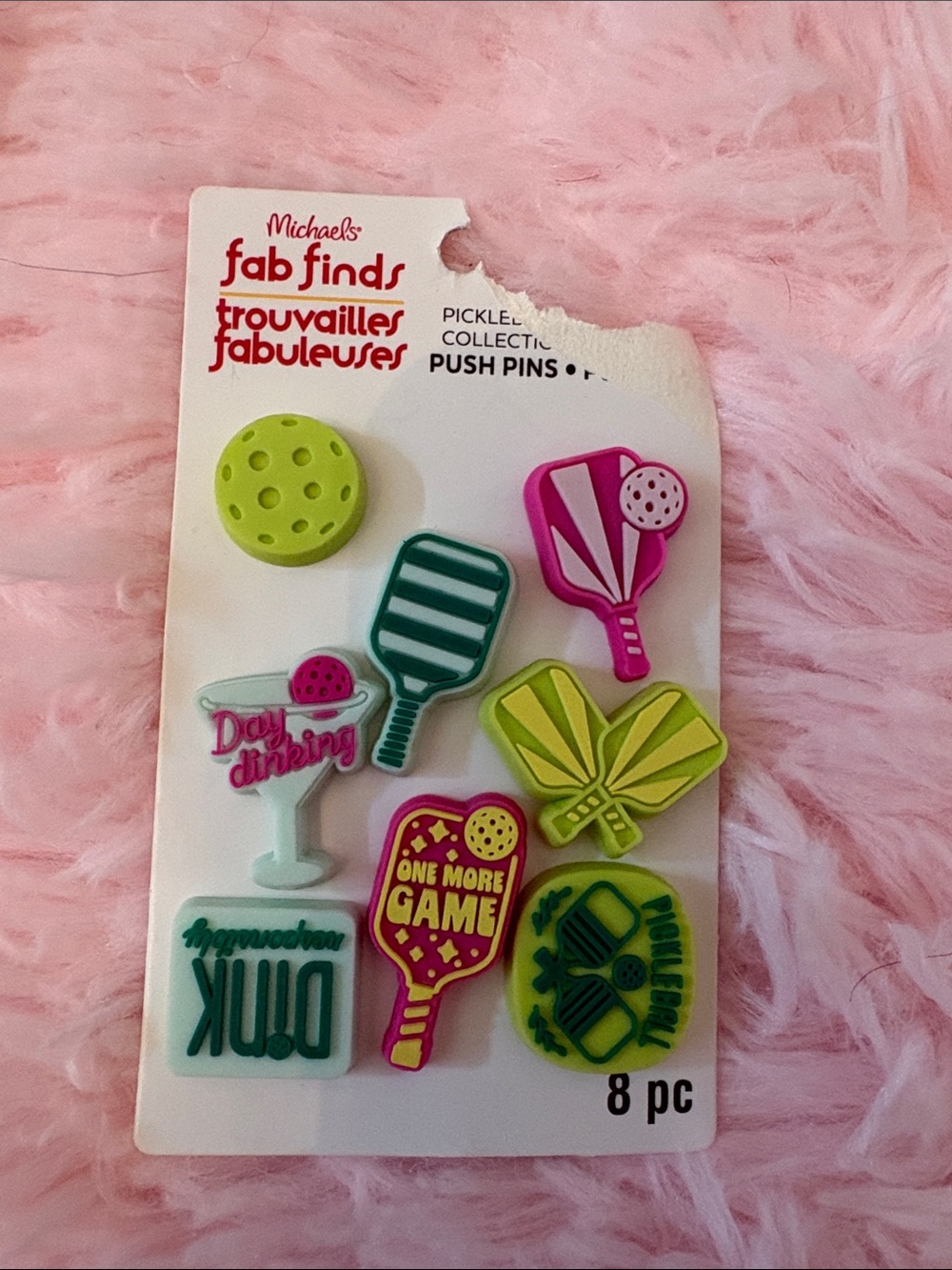 Michaels Fab Finds Pickleball Push Pins in Pink, Lime, Teal